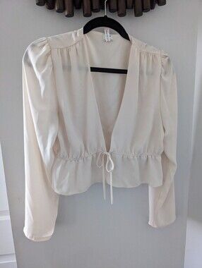 Aritzia Sunday Best Women's Cream Tie-Front Long Sleeve Sheer Blouse - Size US M